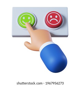 Satisfied customer cartoon hand presses the green button. Business or market clip art isolated on white background. Positive experience emotion 3d illustration.