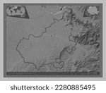 Satu Mare, county of Romania. Grayscale elevation map with lakes and rivers. Locations and names of major cities of the region. Corner auxiliary location maps