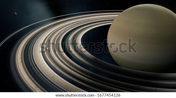 Saturn 3D and its rings, moons of Saturn, Solar\
System, Solar System Planets, Stars, 3D Rendering, Sky and Space,\
Planets