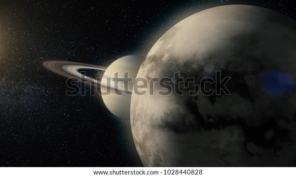 Saturn and his ring system. View of Saturn from\
Titan. Titan Saturn\
moon
