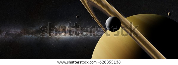Saturn moon Enceladus in\
front of planet Saturn, rings, other moons and the Milky Way galaxy\
(3d illustration banner, elements of this image are furnished by\
NASA) 