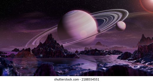 Saturn. Planet With Rings Seen From An Uninhabited Planet. Cosmos With Strange Planet And Surface Of An Asteroid. 3d Illustration.