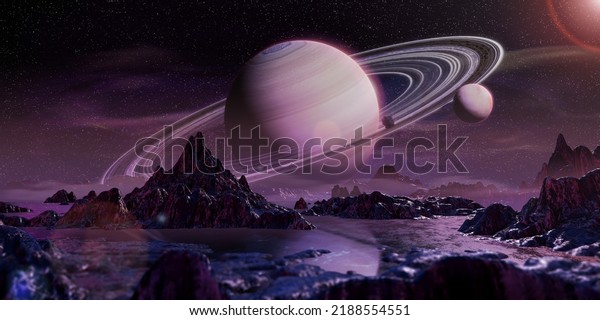 Saturn. Planet with rings seen from an\
uninhabited planet. Cosmos with strange planet and surface of an\
asteroid. 3d\
illustration.