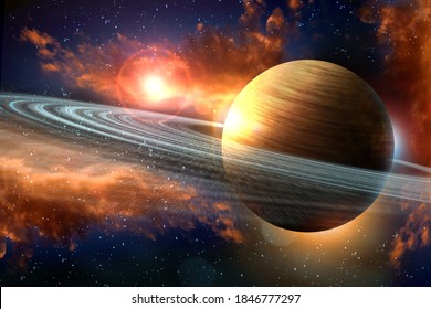Saturn planet solar system with rings stars and outer space clouds 3D illustration