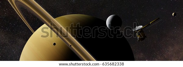 Saturn\'s\
moon Enceladus and spacecraft Cassini–Huygens in front of planet\
Saturn, rings and other moons and the stars (3d illustration,\
elements of this image are furnished by NASA)\

