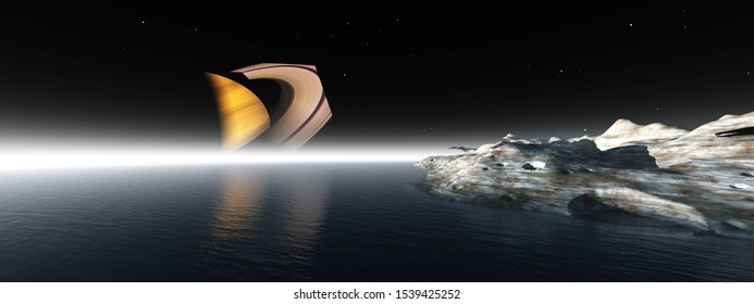 Saturn's Satellite Titan. Alien Landscape. Titan Surface, 3D Rendering.