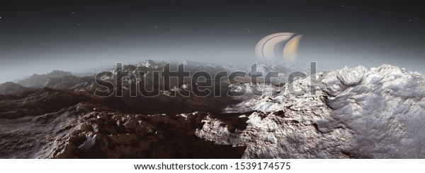 Saturn\'s satellite Titan. Alien landscape.\
Titan surface, 3D\
rendering.