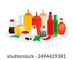 Sauce, seasoning, spices and herbs still life illustration. Different types of sauce and condiments icon set on a white background. Salt, pepper, mustard, ketchup, vinegar and more drawing