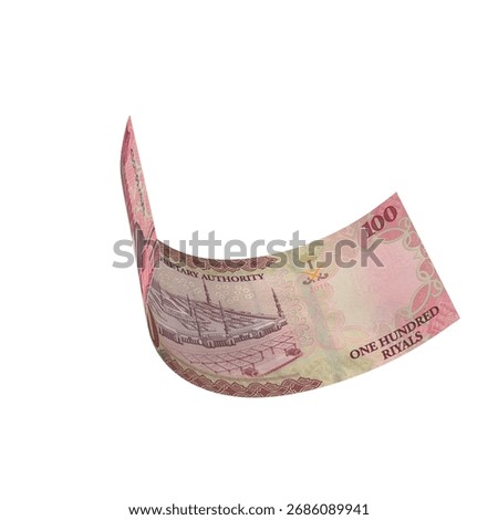 Saudi 100 Riyals Falling Monetary Value, High quality currency banknote for finance, education, 3D modeling, stock. References and global monetary identity and value.