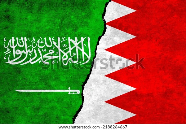 Saudi Arabia and Bahrain painted flags on a wall\
with a crack. Bahrain and Saudi Arabia relations. Saudi Arabia and\
Bahrain flags\
together