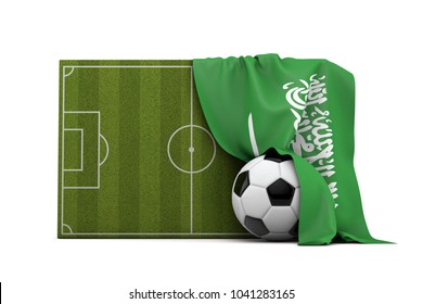 Saudi Arabia Country Flag Draped Over A Football Soccer Pitch And Ball. 3D Rendering