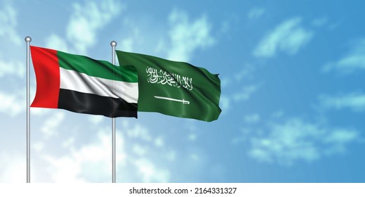 Saudi Arabia Flag With The United Arab Emirates, UAE Flag, 3D Rendering With Cloudy Sky