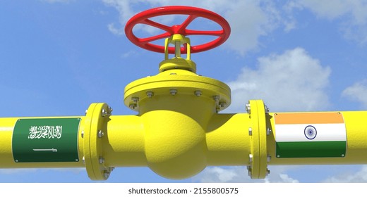 Saudi Arabia India Gas Or Oil Transit Concept. Pipe With Valve,  3D Rendering