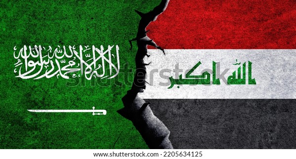 Saudi Arabia and Iraq flags together. Iraq and Saudi\
Arabia relation, conflict, economy, criss concept. Saudi Arabia vs\
Iraq