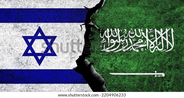 Saudi Arabia and Israel flags together. Israel and\
Saudi Arabia relation, conflict, crisis, economy concept. Israel vs\
Saudi Arabia