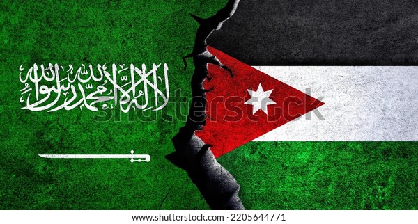 Saudi Arabia and Jordan\
flags together. Jordan and Saudi Arabia relation, conflict,\
economy, criss\
concept