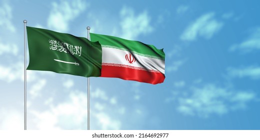 Saudi Arabia (KSA) Flag With Iran Flag, 3D Rendering With Cloudy Sky