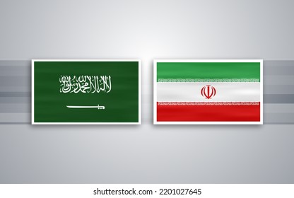 Saudi Arabia (KSA) Flag With Iran Flag, Two Flags In A White Frame, Illustration 