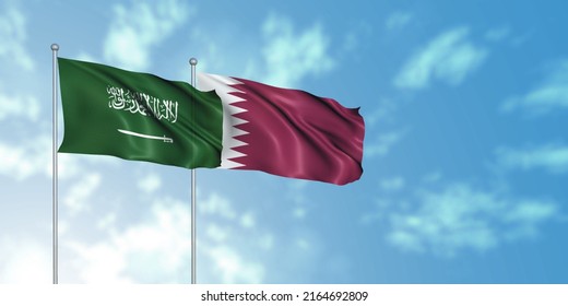 Saudi Arabia (KSA) Flag With Qatar Flag, 3D Rendering With Cloudy Sky