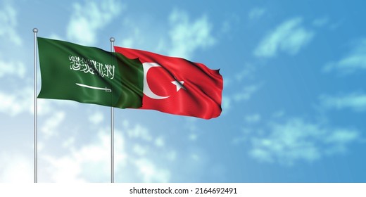 Saudi Arabia (KSA) Flag With Turkey Flag, 3D Rendering With Cloudy Sky