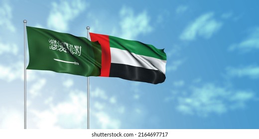 Saudi Arabia (KSA) Flag With UAE Flag, 3D Rendering With Cloudy Sky