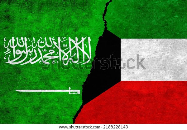 Saudi Arabia and Kuwait painted flags on a wall\
with a crack. Kuwait and Saudi Arabia relations. Saudi Arabia and\
Kuwait flags\
together