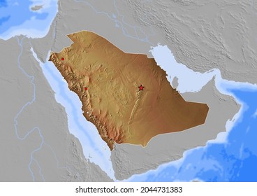 Saudi Arabia Map, Map Of Saudi Arabia With Capital And Major Cities - 3D Rendering. 3d Map Colored Considering Vegetation And Land Use.