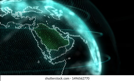 Saudi Arabia Map Hologram Effect, KSA Digital global map, Riyadh zoom out
