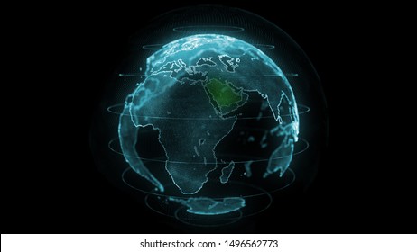 Saudi Arabia Map Hologram Effect, KSA Digital Global Map, Riyadh Zoom Out