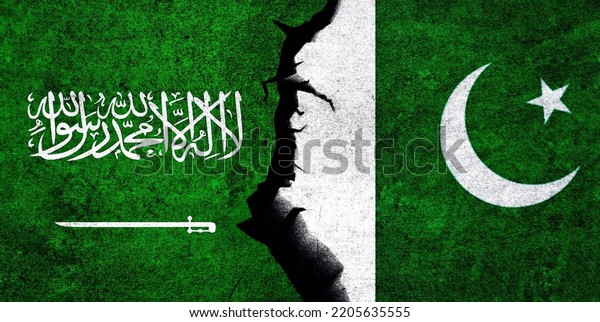 Saudi Arabia and Pakistan flags together.\
Pakistan and Saudi Arabia relation, conflict, economy, criss\
concept. Saudi Arabia vs\
Pakistan
