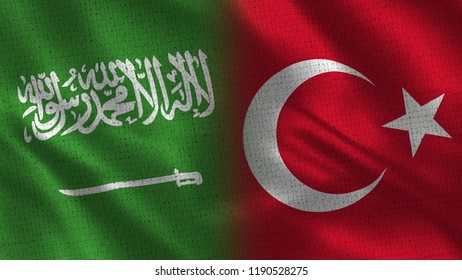 Saudi Arabia And Turkey - 3D Illustration Two Flag Together - Fabric Texture