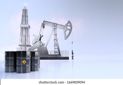 Saudi Arabia Vs Russia Oil Price War. Russia Reject OPEC's Oil Cut Proposal, Oil Market Prices Suffered Biggest Fall, Global Economy Impact 3D Background With Oil Pump Jack, Derrick Drill Rig, Barrels