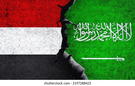 Saudi Arabia Vs Yemen Flags On A Wall With Crack. Yemen Saudi Arabia Relation. Saudi Arabia Yemen Conflict, War Crisis, Economy, Relationship, Trade Concept