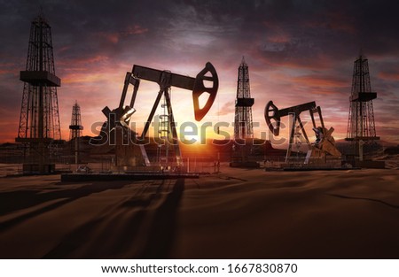 Saudi price war, oil market prices drop concept. Oil pumps, drilling derricks from oil field silhouette at sunset. Crude oil industry, petroleum production 3D background with pump jacks, drill rigs Stock fotó © 