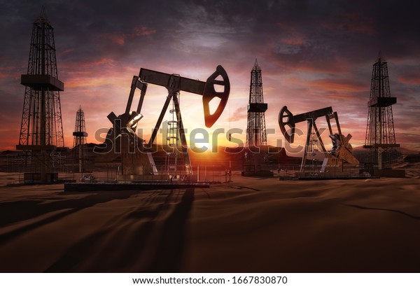 Saudi price war, oil market prices drop concept. Oil\
pumps, drilling derricks from oil field silhouette at sunset. Crude\
oil industry, petroleum production 3D background with pump jacks,\
drill rigs