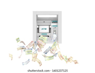 Saudi Riyal ATM teller machine with flying money notes, 3d illustration background, ten, fifty, one hundred, and five hundred bills.