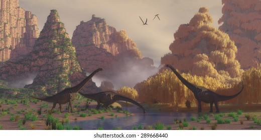Sauroposeidon Dinosaurs - A herd of Sauroposeidon dinosaurs stop at a river to drink as Pterodactylus reptiles fly over.