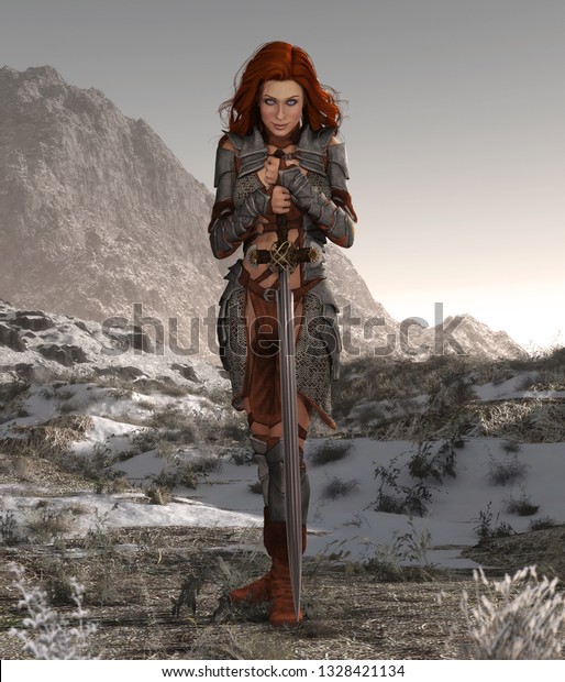 Savage Barbarian Swordswoman Poses Forsaken Stock Illustration