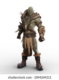 Savage mythical Orc brute standing with aggressive pose and expression in barbarian armour. 3D illustration isolated on white.