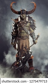 Savage Orc Brute leader posed on a rock outcrop wearing traditional armor and equipped with a large axe  . Fantasy themed character with a haze and smoked background. 3d Rendering