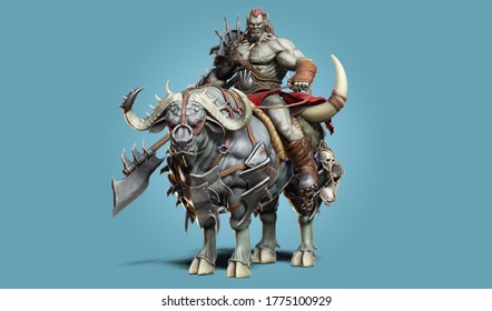 Savage Orc Brute leader running into battle wearing traditional armor and equipped with a flail . Fantasy themed character on an isolated white background. 3d Rendering