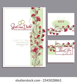 save the date card with branches red flowers, rsvp, thank you card - Powered by Shutterstock