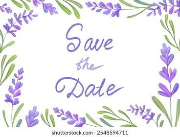 save the date card with text and floral border frame on white background. horizontal banner for wedding invitations. watercolor lavender illustration, greeting card mock up - Powered by Shutterstock