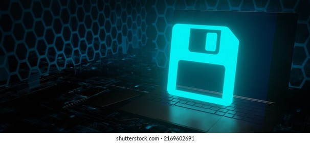 Save Disk Copy Glowing Icon Laptop Technology Background 3D Render