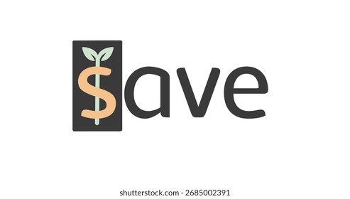 SAVE logo featuring an S adapted into a currency icon with a leaf sprouting on top, symbolizing finance and sustainability. Ideal for budgeting tools, green investing, financial planning, or cashback