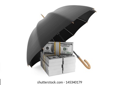 Save Money Concept. Stack of banknotes under umbrella on a white background