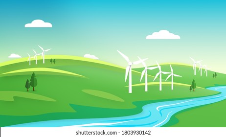 Save The Planet. Cycle Animation Of A Clean Green Energy Futuristic City Using Wind Turbines. Global Warming Resources For A Bright Future. 3D Rendering