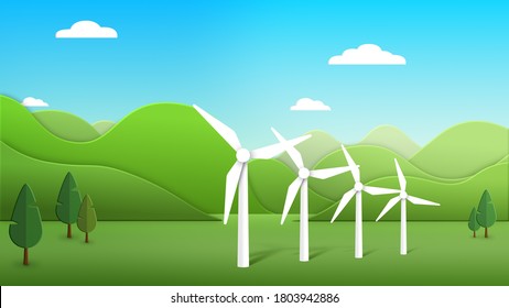 Save The Planet. Cycle Animation Of A Clean Green Energy Futuristic City Using Wind Turbines. Global Warming Resources For A Bright Future. 3D Rendering