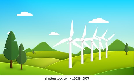 Save The Planet. Cycle Animation Of A Clean Green Energy Futuristic City Using Wind Turbines. Global Warming Resources For A Bright Future. 3D Rendering