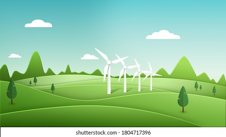 Save The Planet. Cycle Animation Of A Clean Green Energy Futuristic City Using Wind Turbines. Global Warming Resources For A Bright Future. 3D Rendering